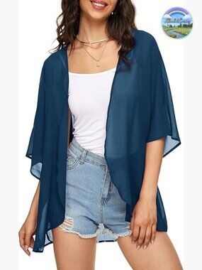 Chiffon Puff Sleeve Kimono Cardigan Open Front Cover Up Loose Fit Blouse Top